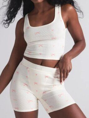 SKIMS Bow Print Cotton Rib Tank & Boxer Set NWOT Large